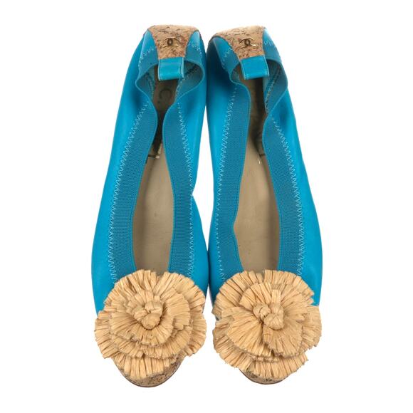 CHANEL Camellia Turquoise Leather Cork Cap Toe CC Logo Ballet Flats IT 37.5 C - Picture 1 of 16
